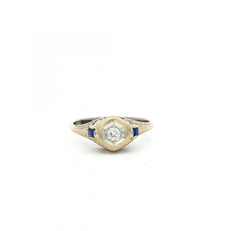 0.10ct Natural Diamond Art Deco Style Solitaire with Sapphire Shoulders in 18ct White Gold