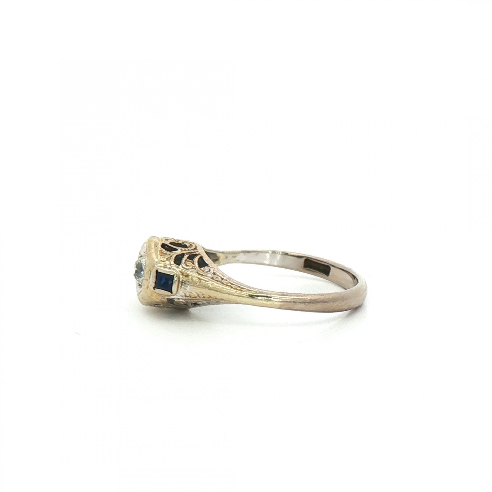 0.10ct Natural Diamond Art Deco Style Solitaire with Sapphire Shoulders in 18ct White Gold
