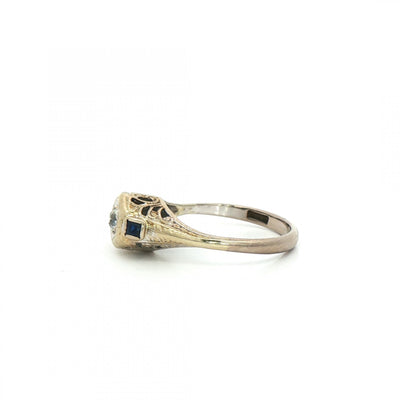0.10ct Natural Diamond Art Deco Style Solitaire with Sapphire Shoulders in 18ct White Gold