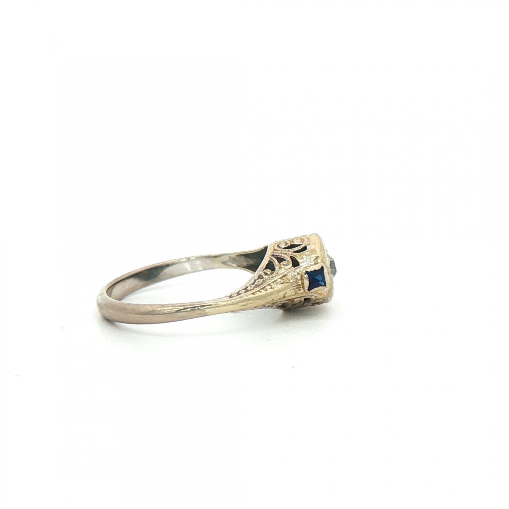 0.10ct Natural Diamond Art Deco Style Solitaire with Sapphire Shoulders in 18ct White Gold
