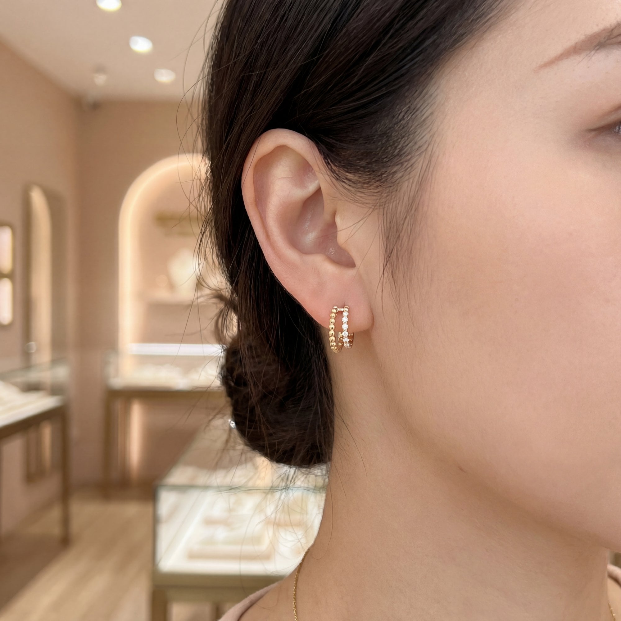 0.14ct Double Hoop Beed and Natural Diamond Set Earrings in 18ct Yellow Gold