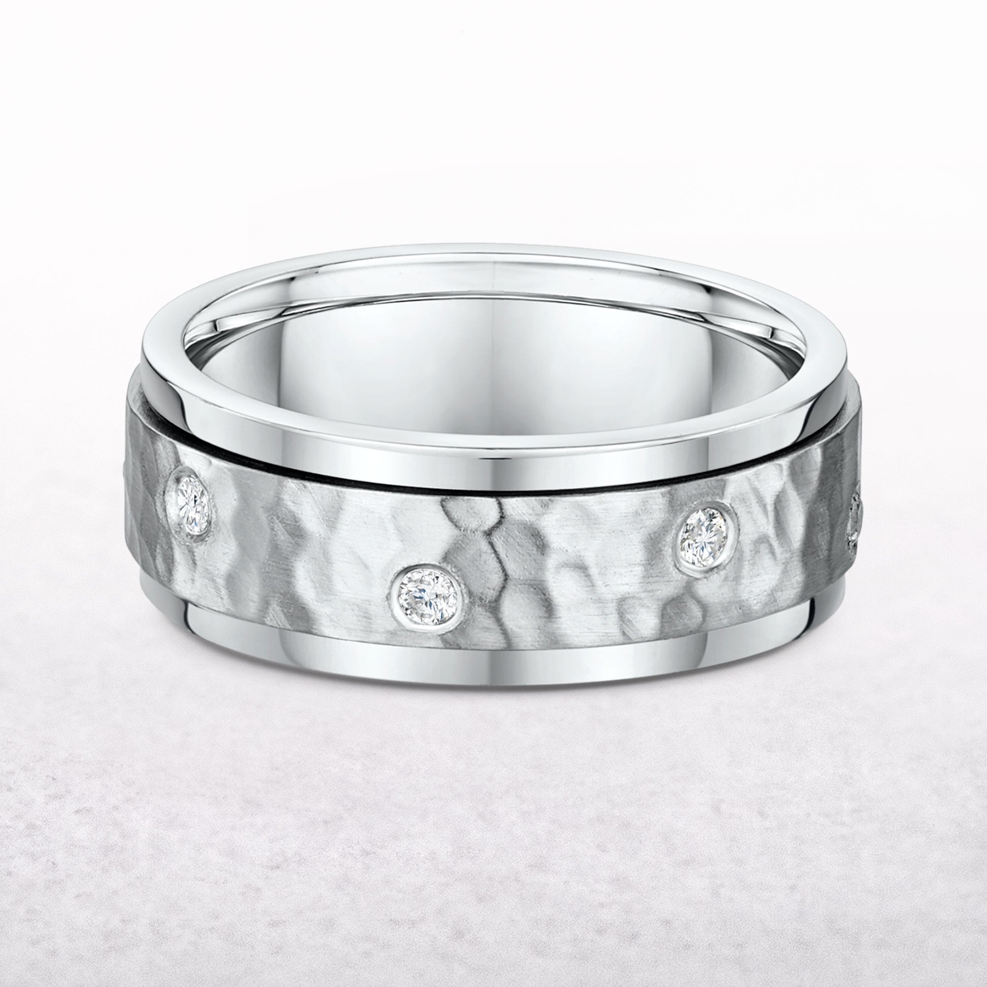 0.16ct 7.2mm Hammer & Satin Finish Natural Diamond Wedding Band In 18ct White Gold