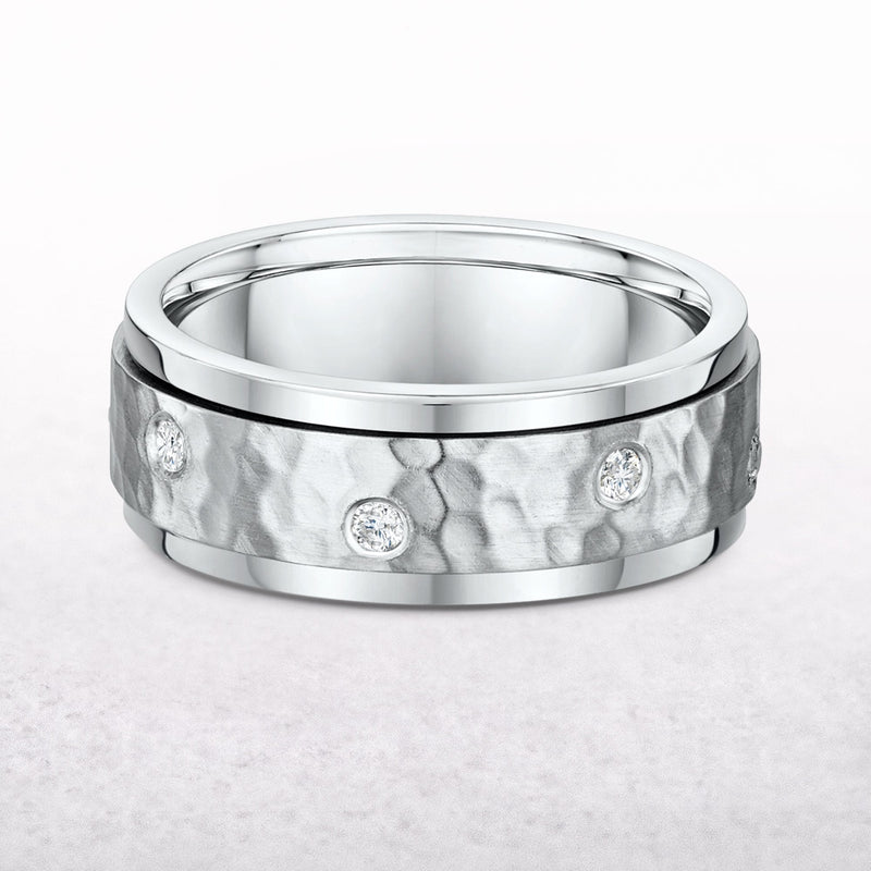 0.16ct 7.2mm Hammer & Satin Finish Natural Diamond Wedding Band In 18ct White Gold