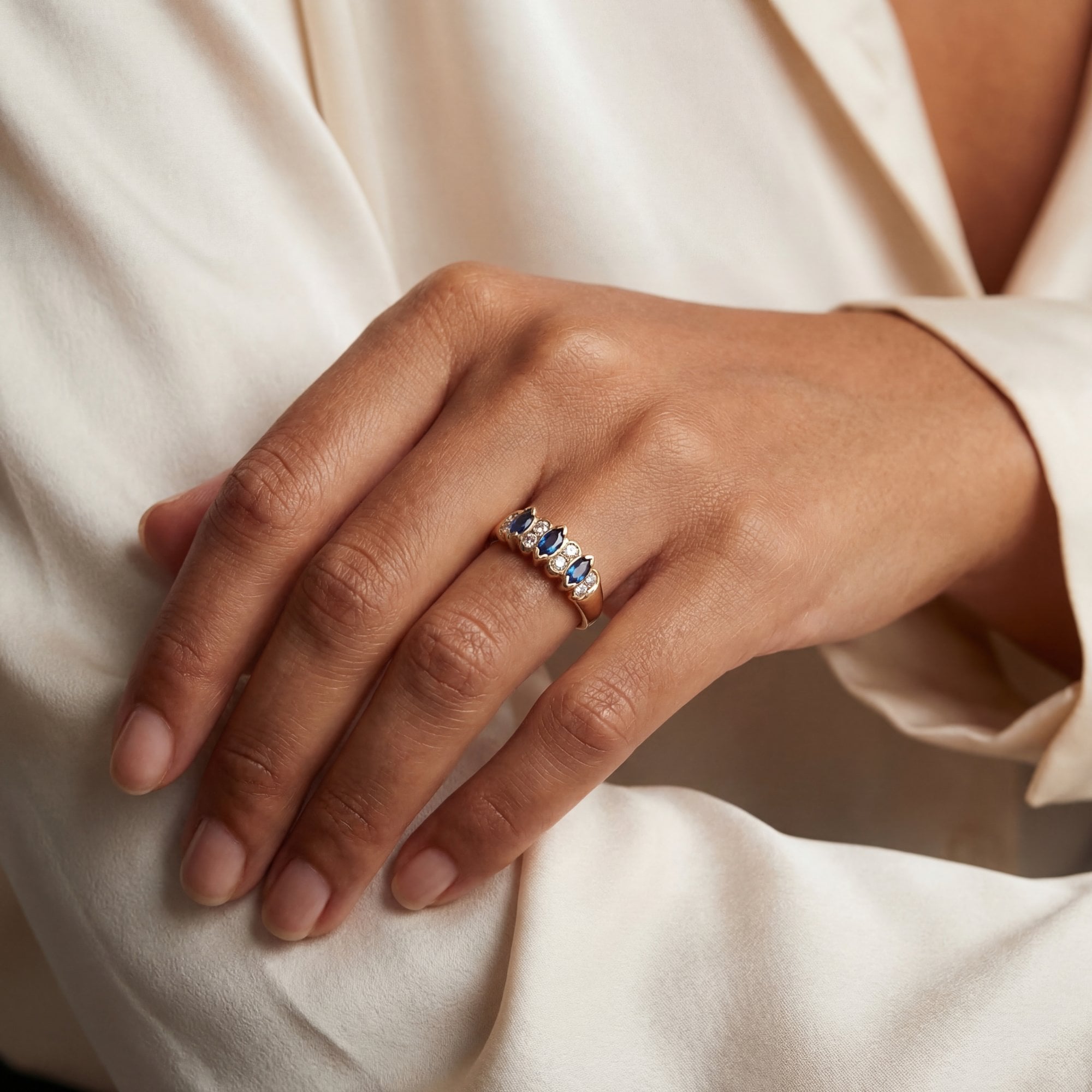 0.1ct Marquise Sapphire & 0.16ct Natural Diamond Ring Weighing Total 4.55g in 18ct Yellow Gold