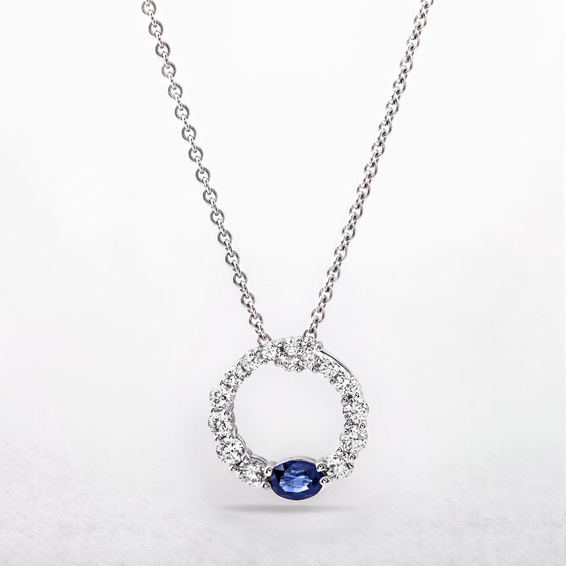 0.20ct Sapphire and 0.31 Diamond Open Circle Pendant in 18ct White Gold