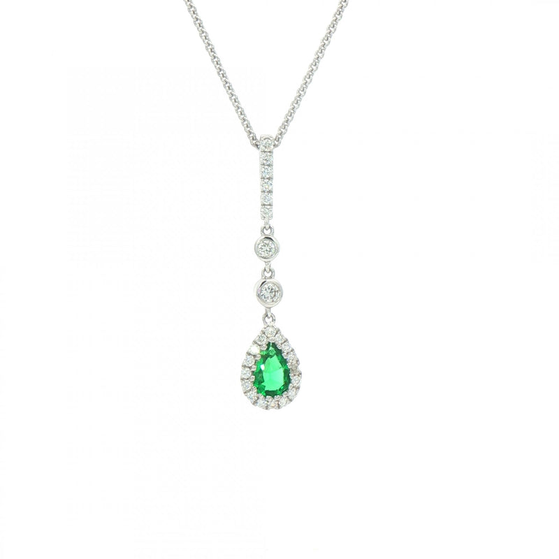 0.22ct Emerald & 0.23ct Natural Diamond Drop Pendant in 18ct White Gold
