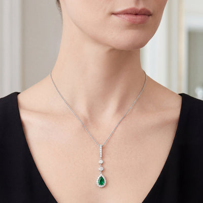 0.22ct Emerald & 0.23ct Natural Diamond Drop Pendant in 18ct White Gold