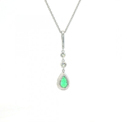 0.22ct Emerald & 0.23ct Natural Diamond Drop Pendant in 18ct White Gold