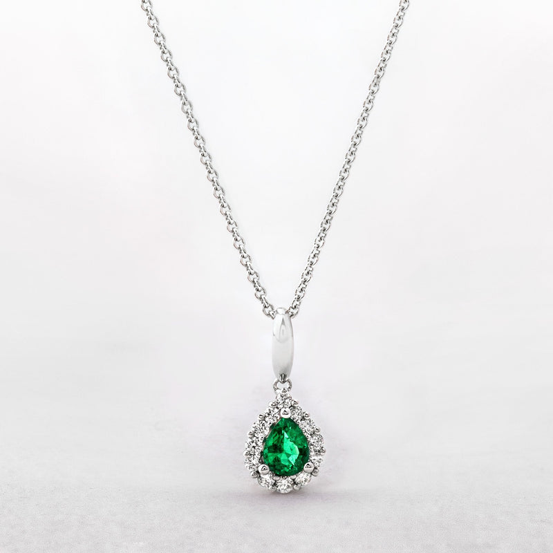 0.24ct Emerald Pear Cut & 0.16ct Natural Diamond Cluster Pendant in 18ct White Gold