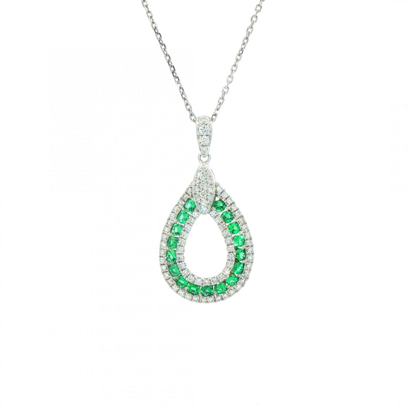 0.29ct Emerald & 0.32ct Natural Diamond Cluster Open Pear Shape Pendant in 18ct White Gold