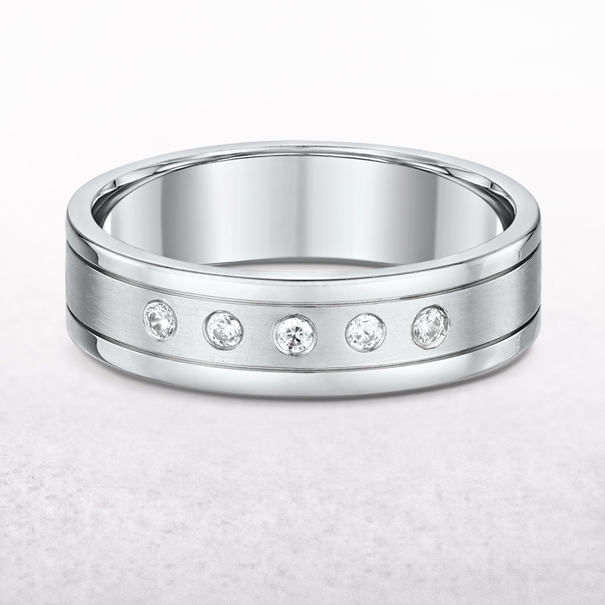 0.33ct Brilliant Cut Natural Diamond Set Matt Centre & Satin Edges Wedding Band In 18ct White Gold