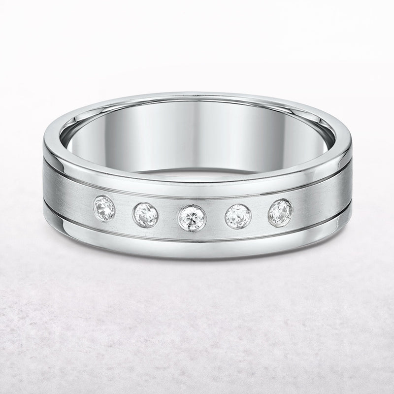 0.33ct Brilliant Cut Natural Diamond Set Matt Centre & Satin Edges Wedding Band In 18ct White Gold