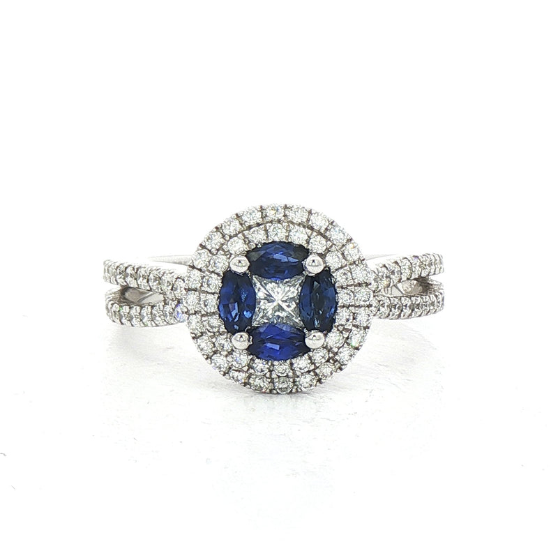 0.35ct Sapphire & Natural Diamond 0.61ct Double Halo with Split Shoulders in 18ct White Gold