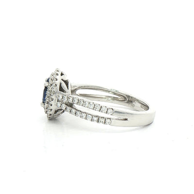 0.35ct Sapphire & Natural Diamond 0.61ct Double Halo with Split Shoulders in 18ct White Gold