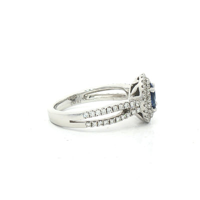 0.35ct Sapphire & Natural Diamond 0.61ct Double Halo with Split Shoulders in 18ct White Gold