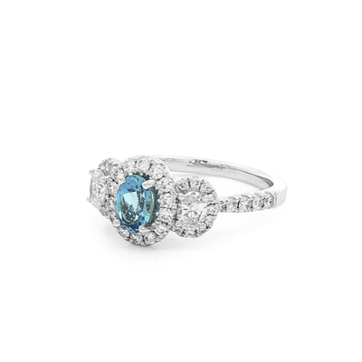 0.40ct Oval Aqua Marine & 0.70ct Natural Oval Diamond Halo Three Stone in 18ct White Gold