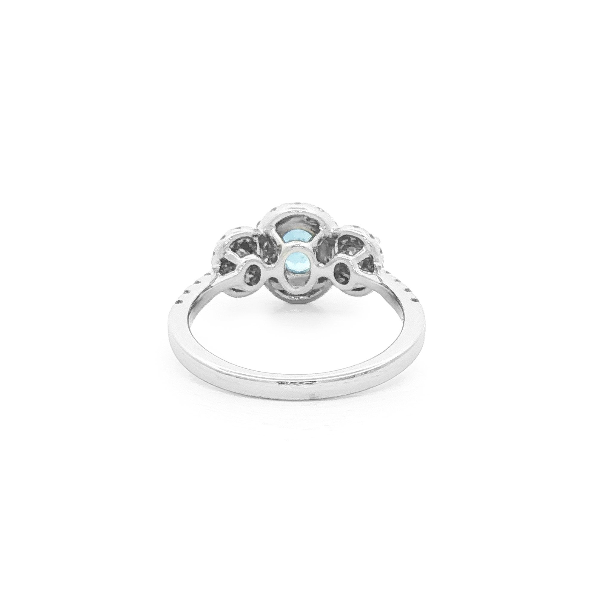 0.40ct Oval Aqua Marine & 0.70ct Natural Oval Diamond Halo Three Stone in 18ct White Gold
