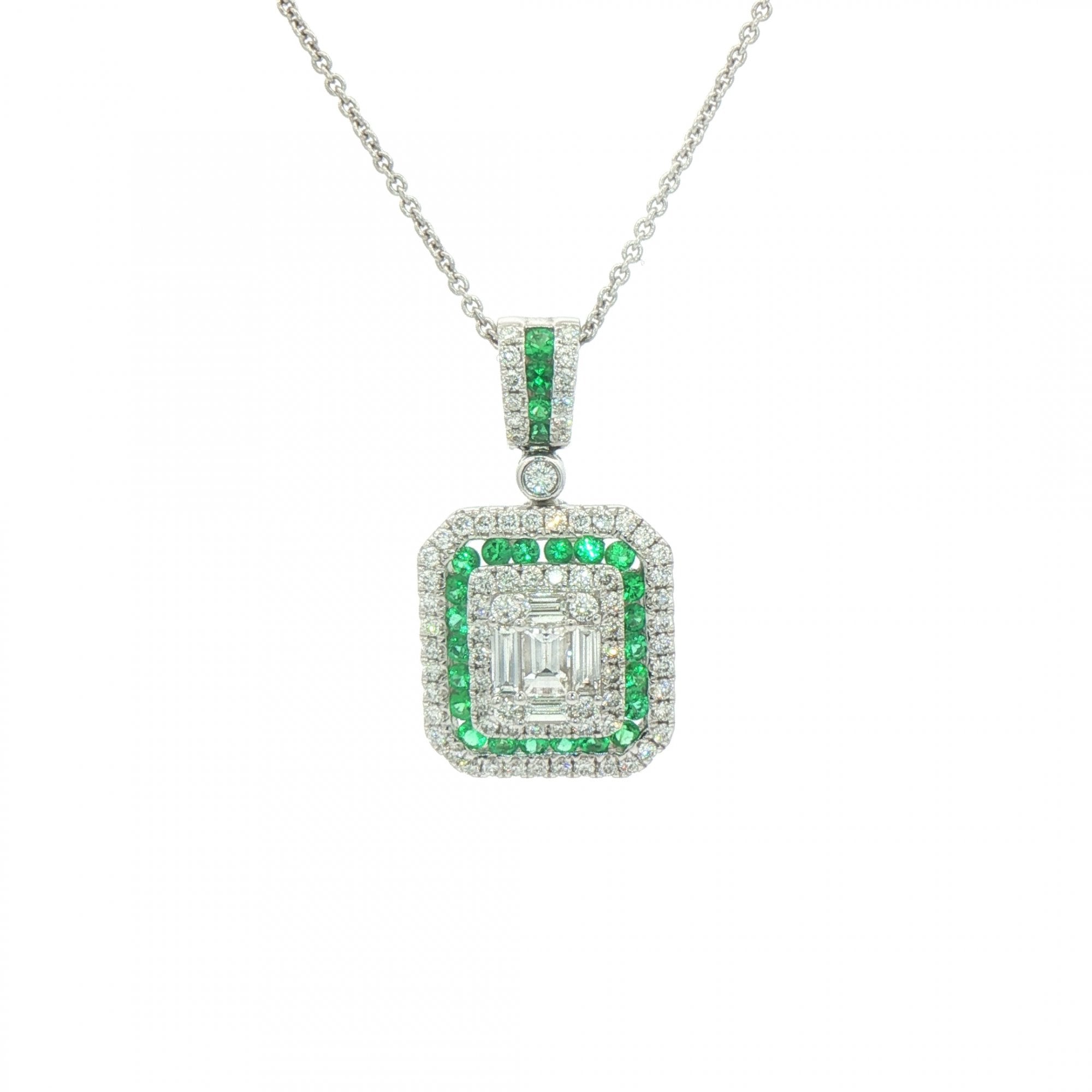 0.43ct Emerald & 0.96ct Diamond Rectangle Shape Pendant in 18ct White Gold