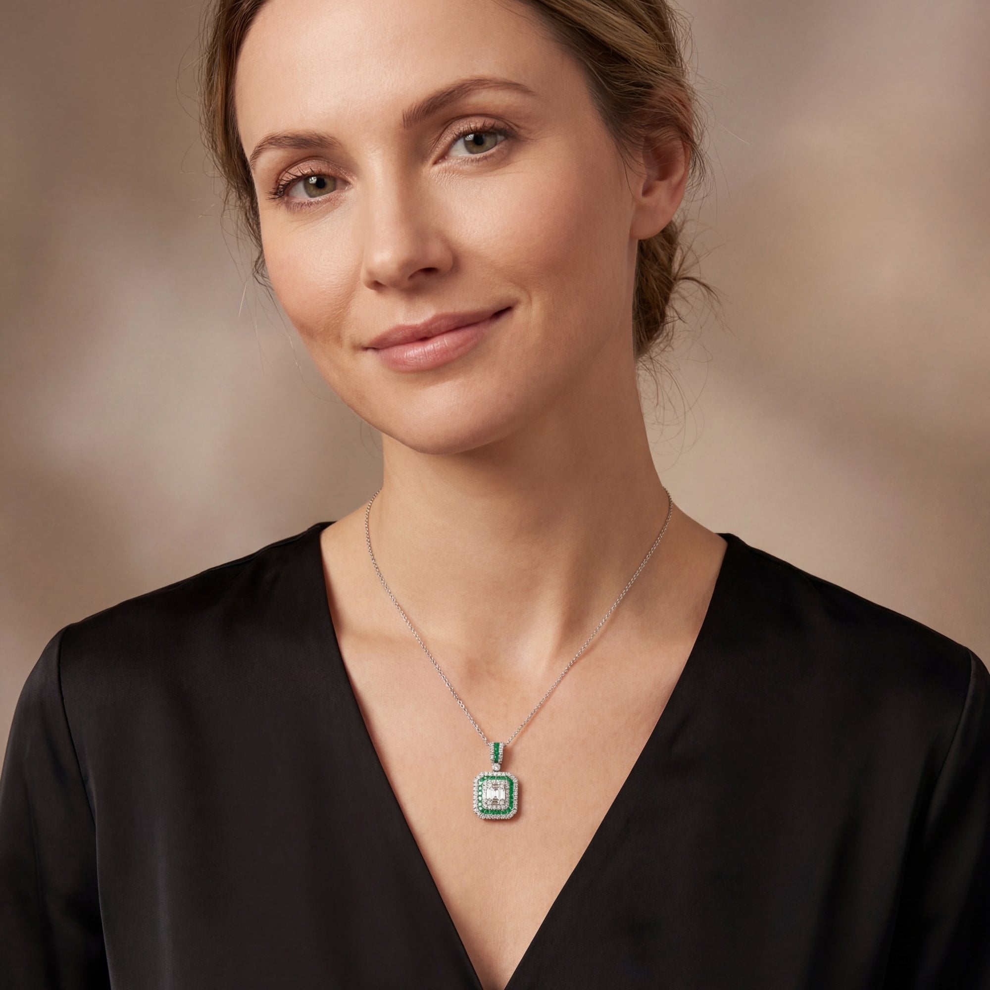0.43ct Emerald & 0.96ct Diamond Rectangle Shape Pendant in 18ct White Gold