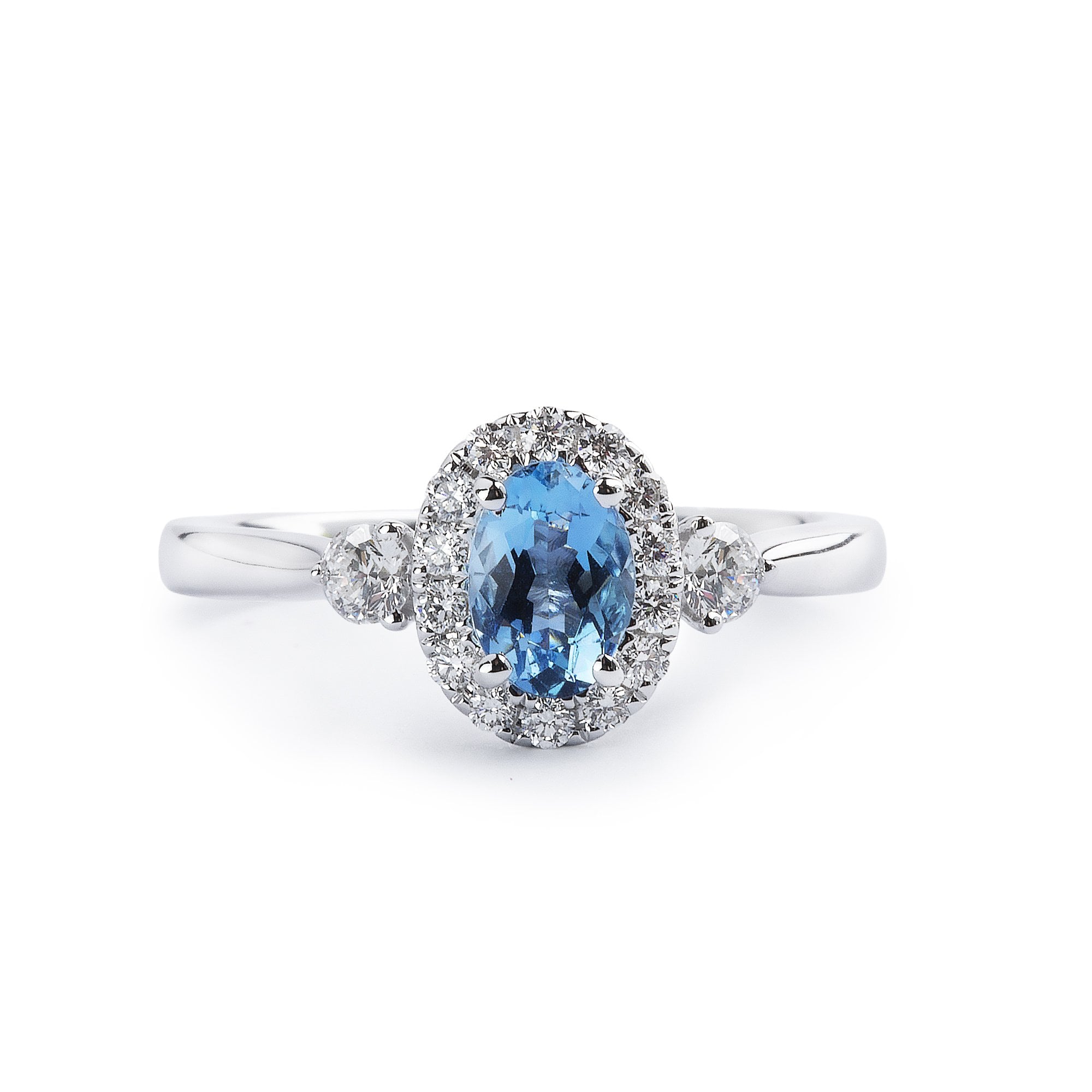 0.43ct Oval Aqua & 0.26ct Brilliant Cut Halo With Side Natural Diamonds In 18ct White Gold