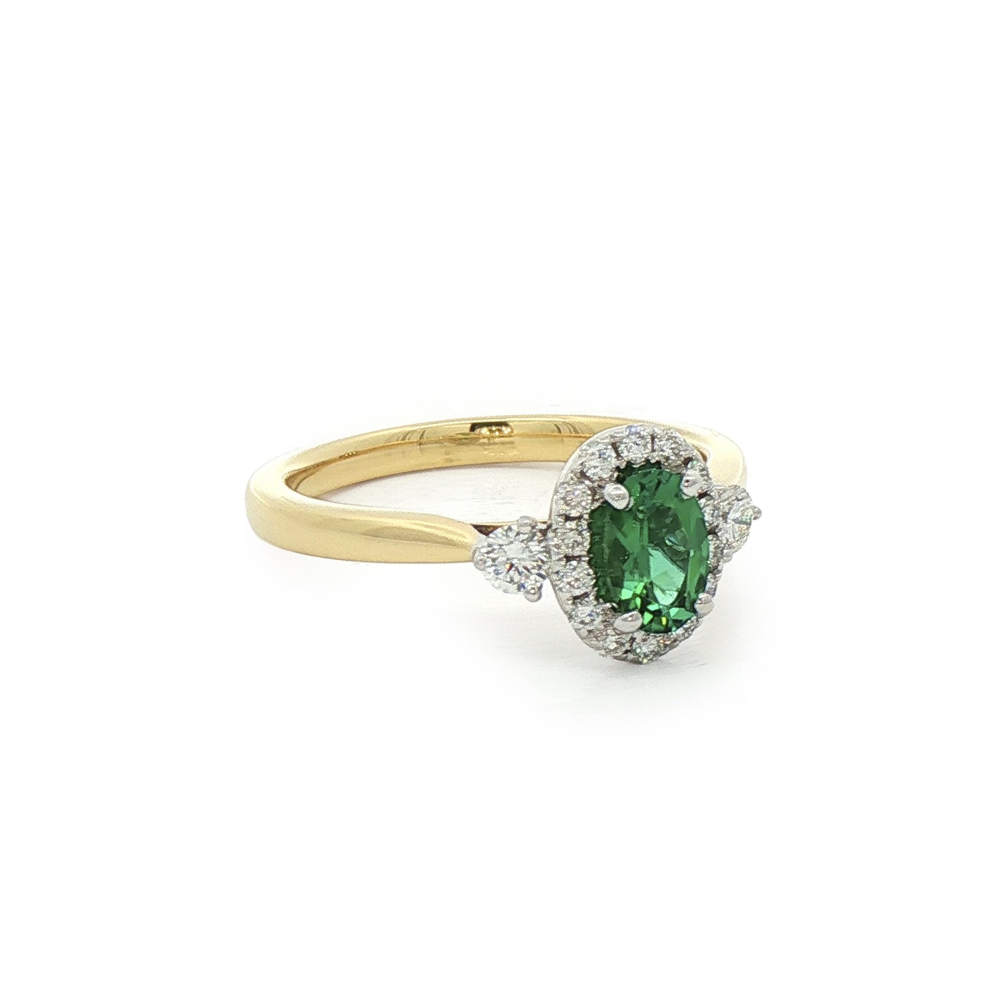 0.43ct Oval Green Tourmaline &0.26ct Natural Diamond Halo in 18ct Yellow Gold