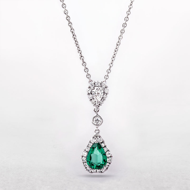 0.44ct Emerald Pear-Cut & 0.37ct Natural Diamond Cluster Pendant in 18ct White Gold