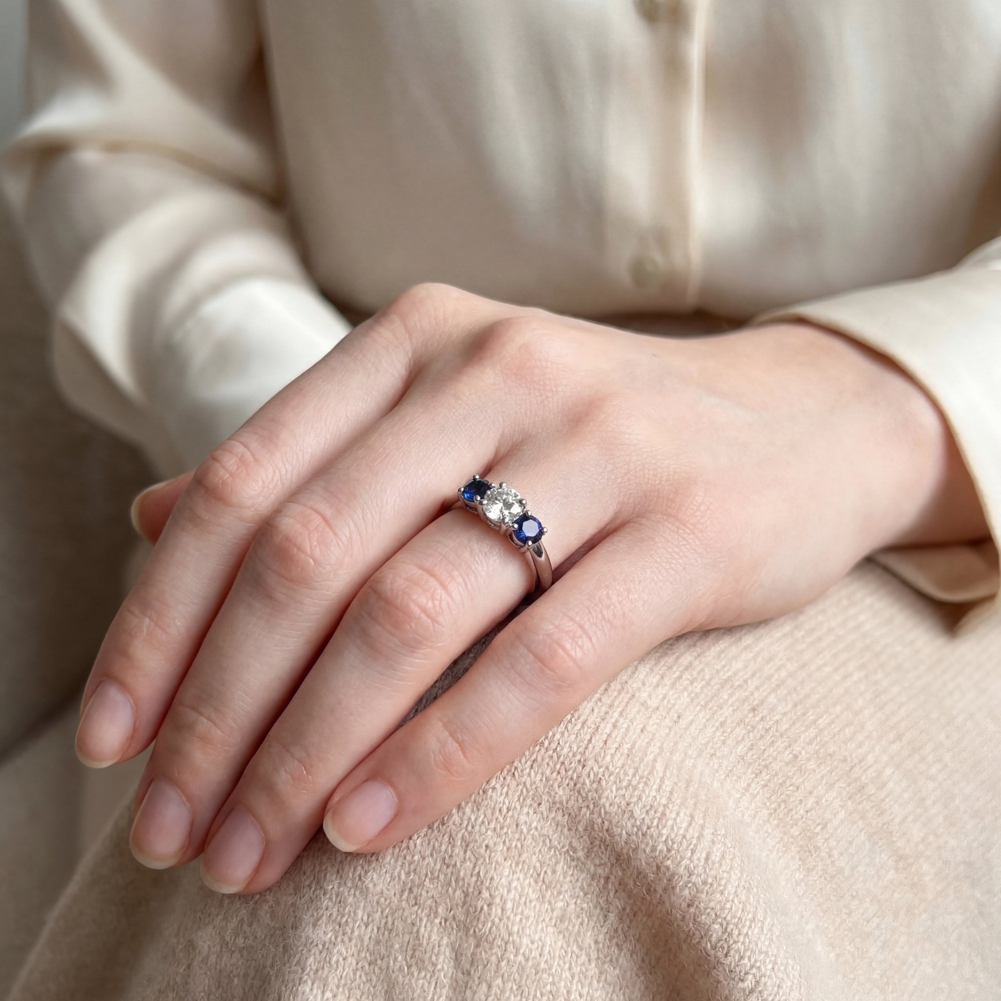 0.44ct Sapphire & 0.35ct Natural Diamond Three Stone Ring in Platinum