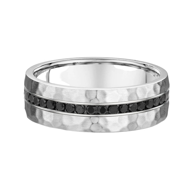 0.45ct 7mm Gents Round Cut Black Natural Diamond & Hammered Texture Band In 9ct White Gold