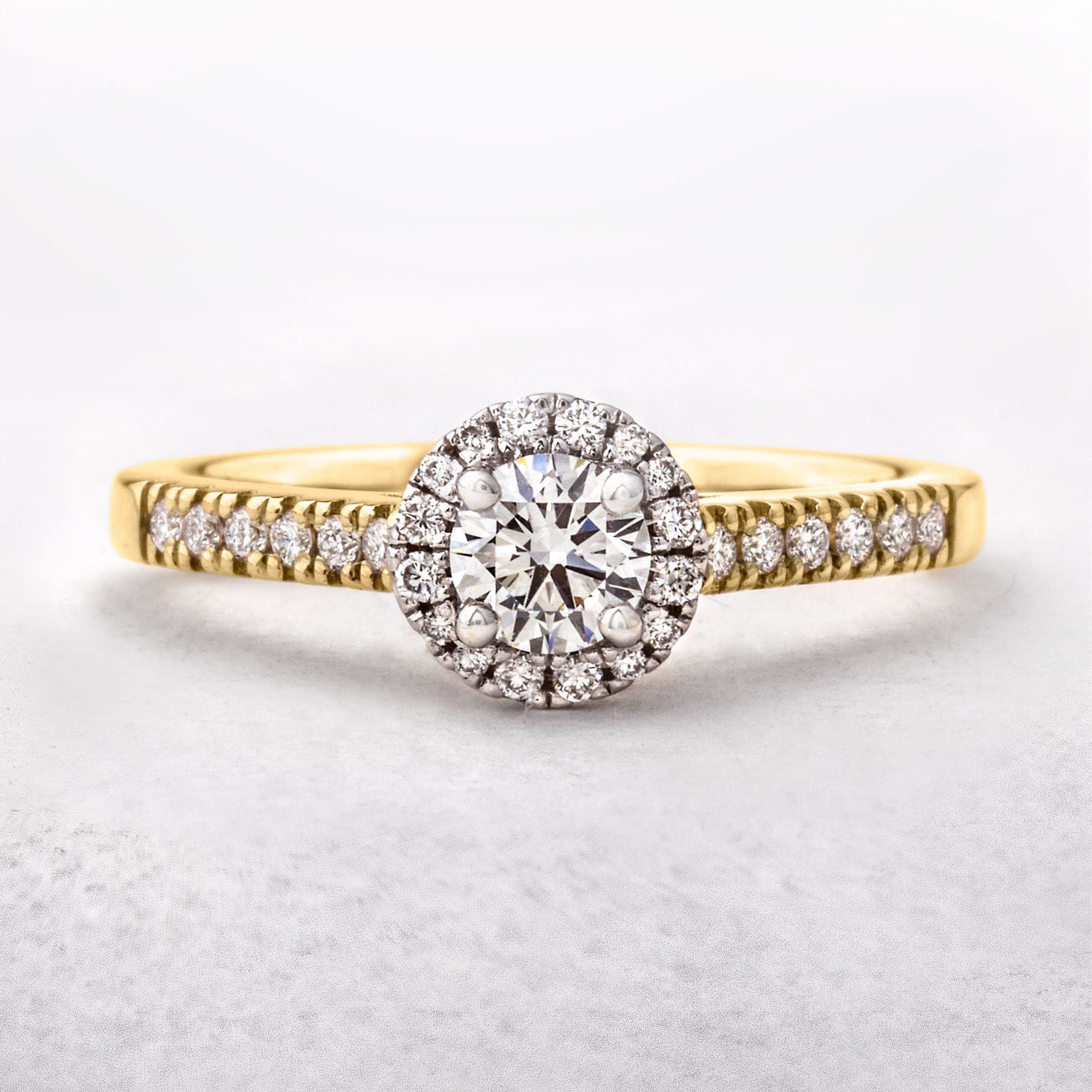 0.47ct F SI1 GIA Certified Round Natural Diamond with Diamond Halo 18ct Yellow Gold Engagement Ring