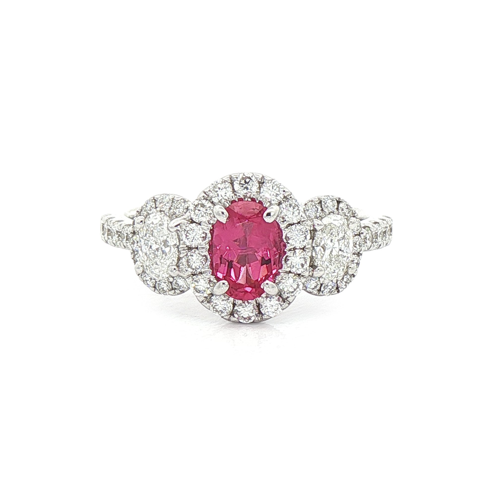 0.47ct Oval Pink Spinel and Natural Diamond Three Stone Ring in 18ct White Gold