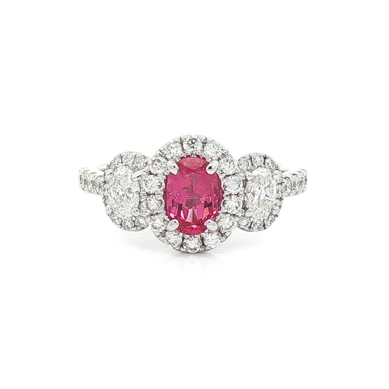 0.47ct Oval Pink Spinel and Natural Diamond Three Stone Ring in 18ct White Gold