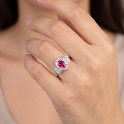 0.47ct Oval Pink Spinel and Natural Diamond Three Stone Ring in 18ct White Gold