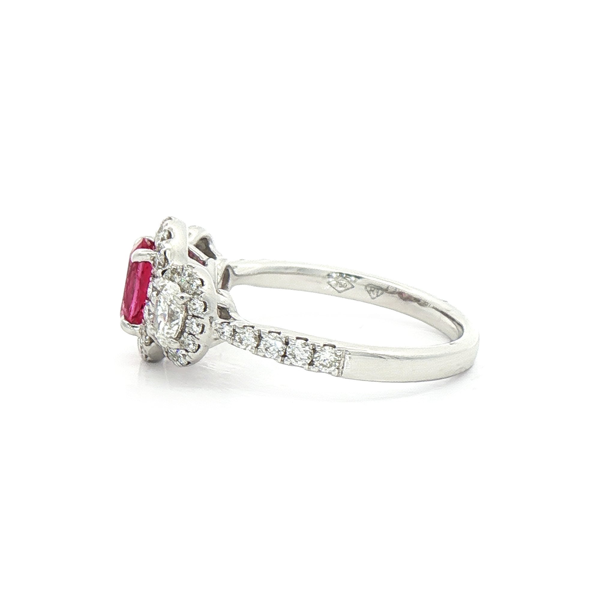 0.47ct Oval Pink Spinel and Natural Diamond Three Stone Ring in 18ct White Gold