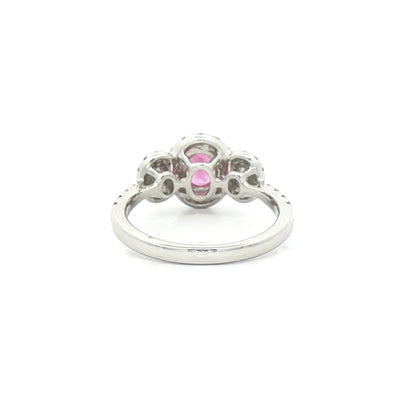 0.47ct Oval Pink Spinel and Natural Diamond Three Stone Ring in 18ct White Gold