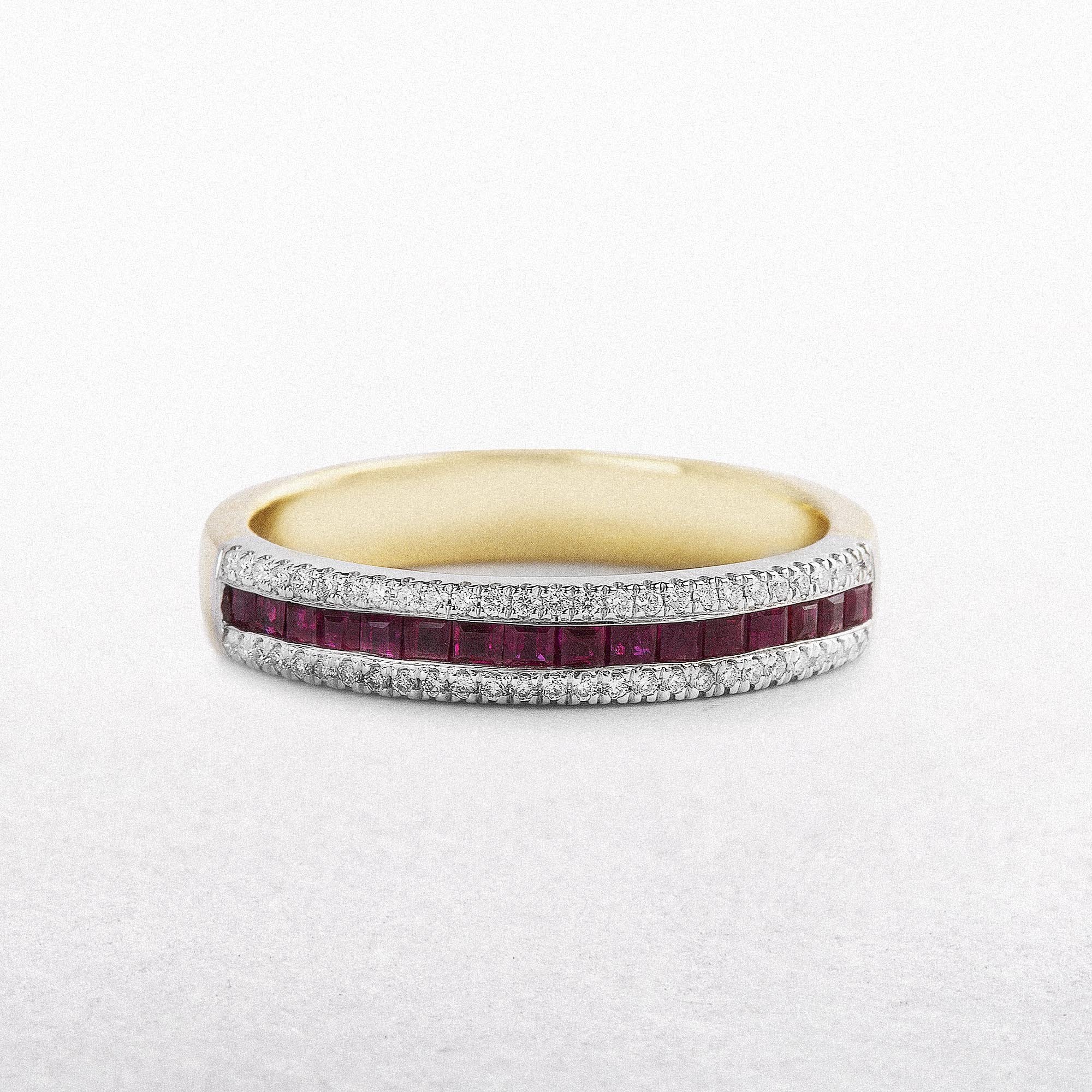 0.47ct Ruby & 0.11ct Natural Diamond Three Row Dress Ring in 18ct Yellow Gold