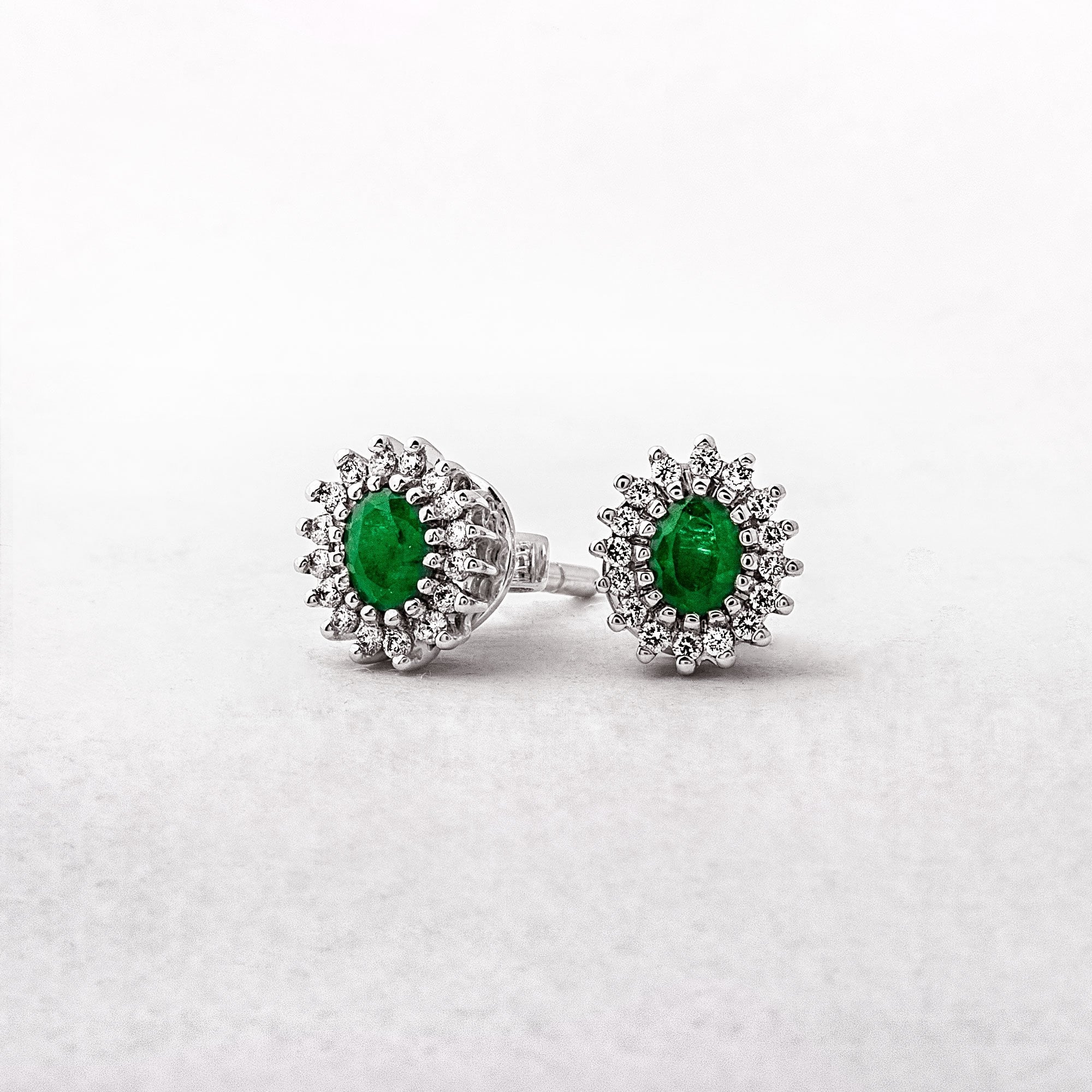0.48ct Emerald & 0.17ct Natural Diamond Cluster Stud Earrings in 18ct White Gold