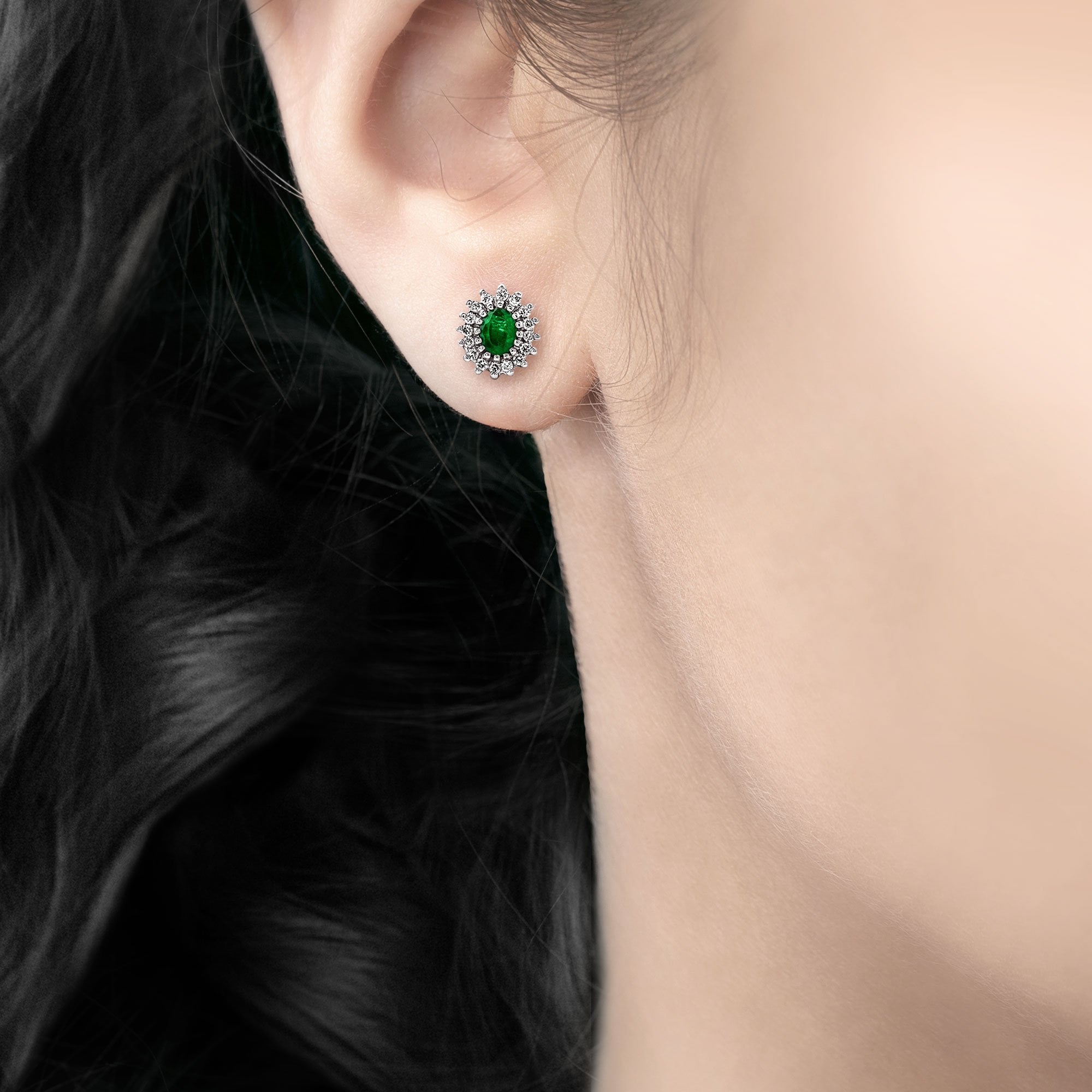 0.48ct Emerald & 0.17ct Natural Diamond Cluster Stud Earrings in 18ct White Gold