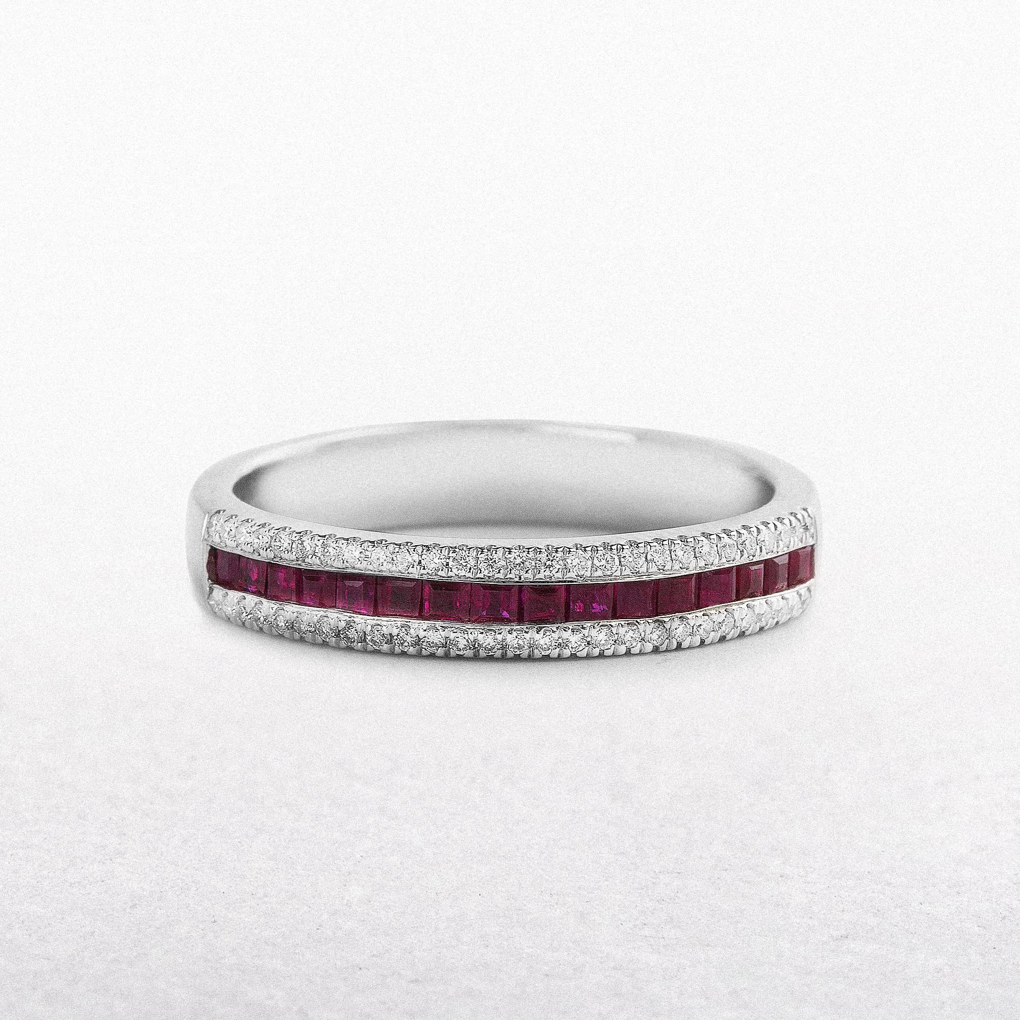 0.48ct Princess Cut Ruby & 0.11ct Natural Diamond Three Row Ring in 18ct White Gold