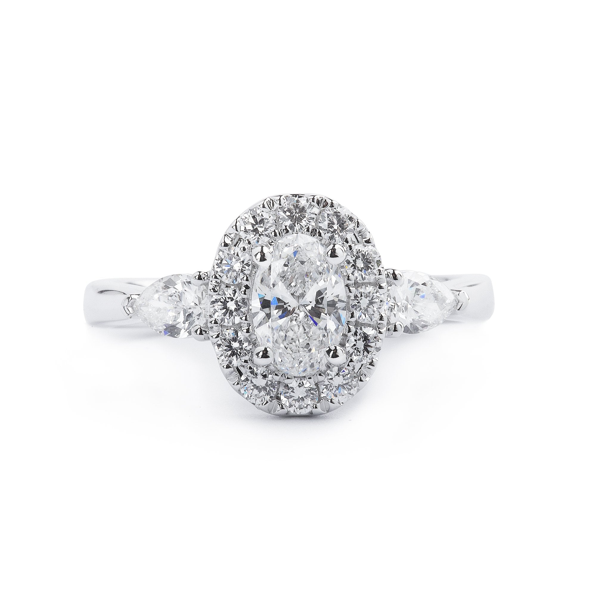 0.50ct E SI1 Oval Halo Natural Diamond With Natural Diamond Pear Side Stones in 18ct White Gold