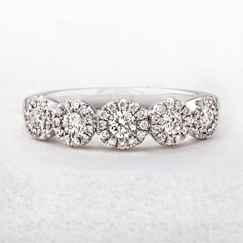 0.50ct Round Cut Natural Diamond Halo Five Stone Dress Ring in 18ct White Gold