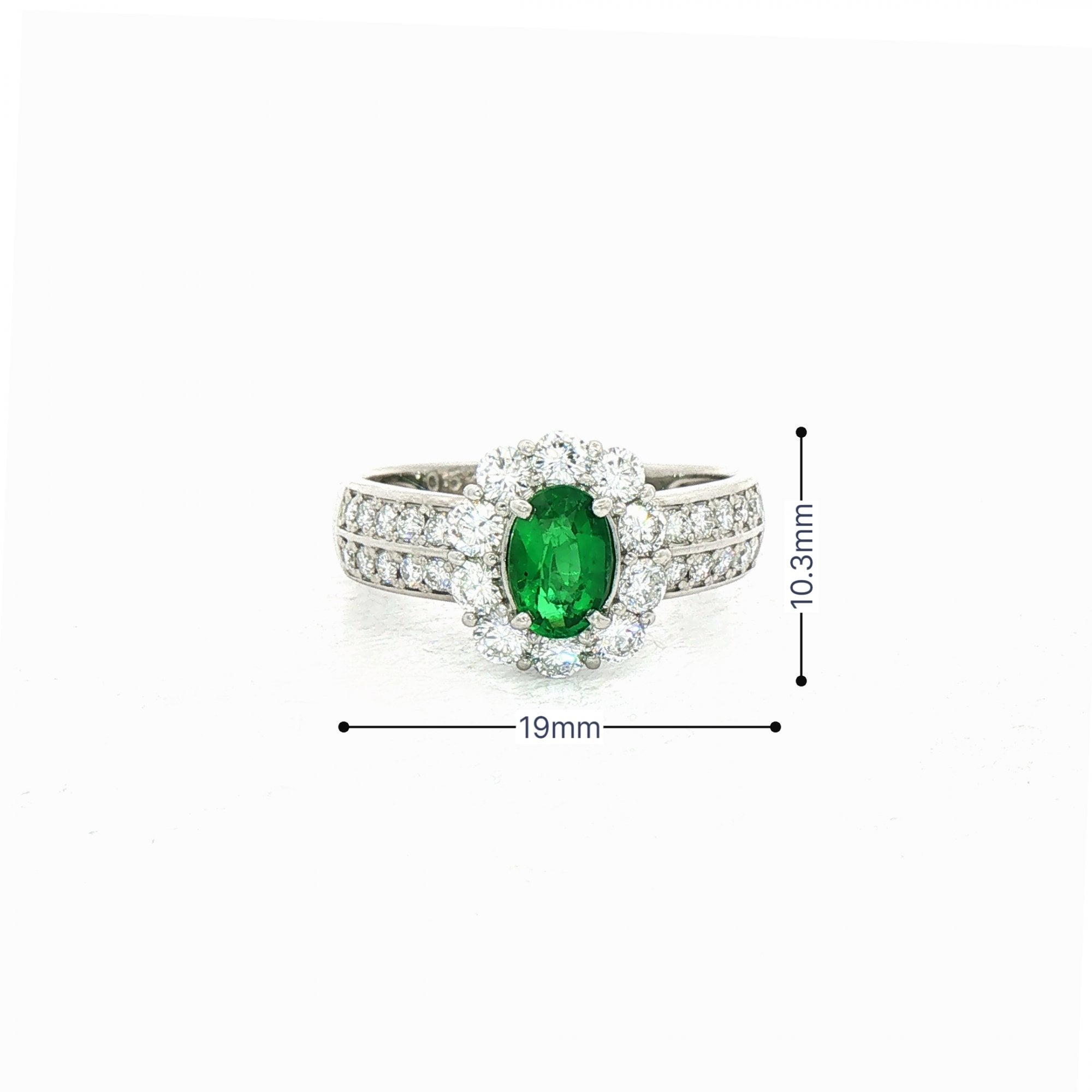 0.52ct Oval Emerald & 0.76ct Natural Diamond Cluster Halo with Double Row Shank in 18ct White Gold