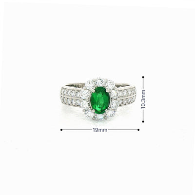 0.52ct Oval Emerald & 0.76ct Natural Diamond Cluster Halo with Double Row Shank in 18ct White Gold