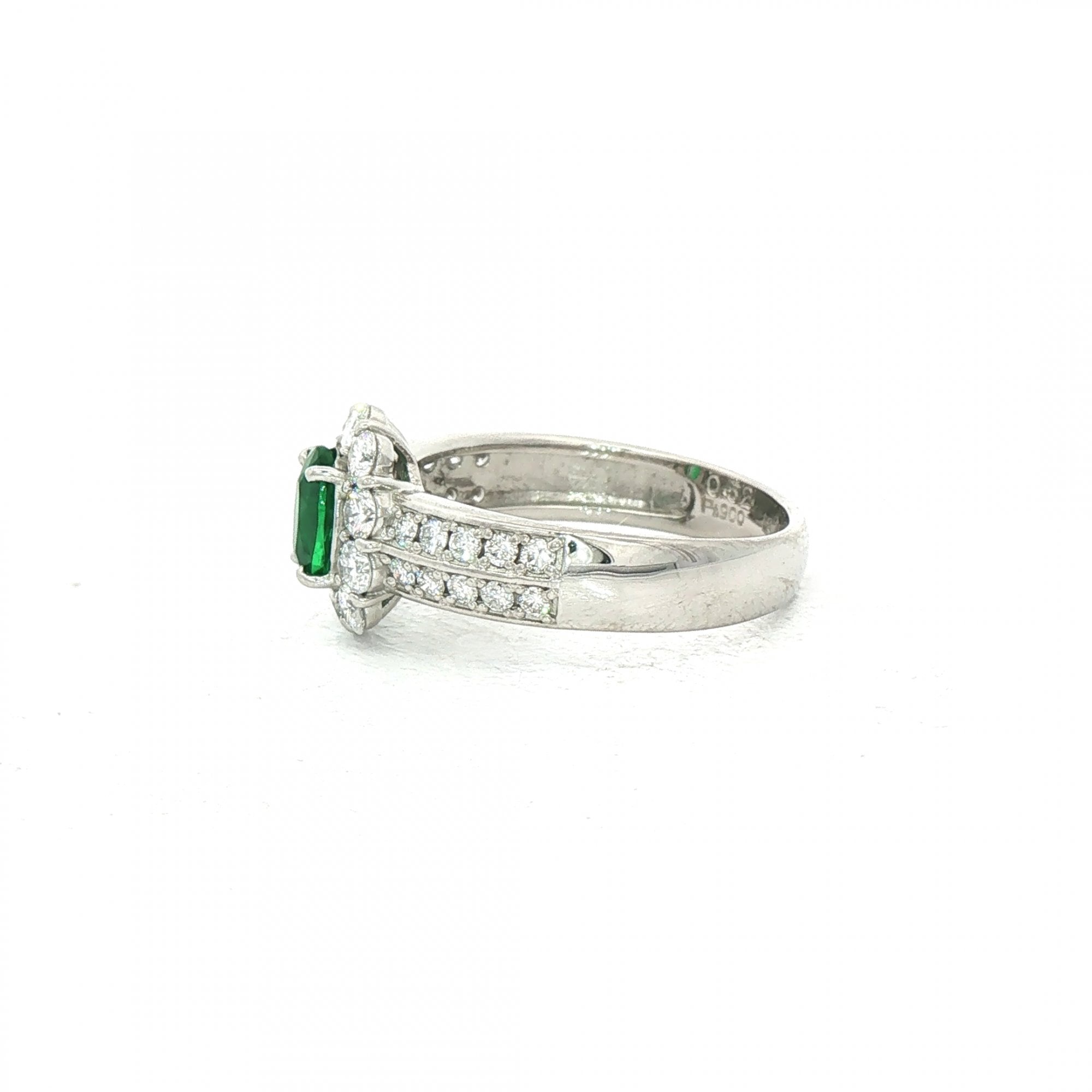 0.52ct Oval Emerald & 0.76ct Natural Diamond Cluster Halo with Double Row Shank in 18ct White Gold