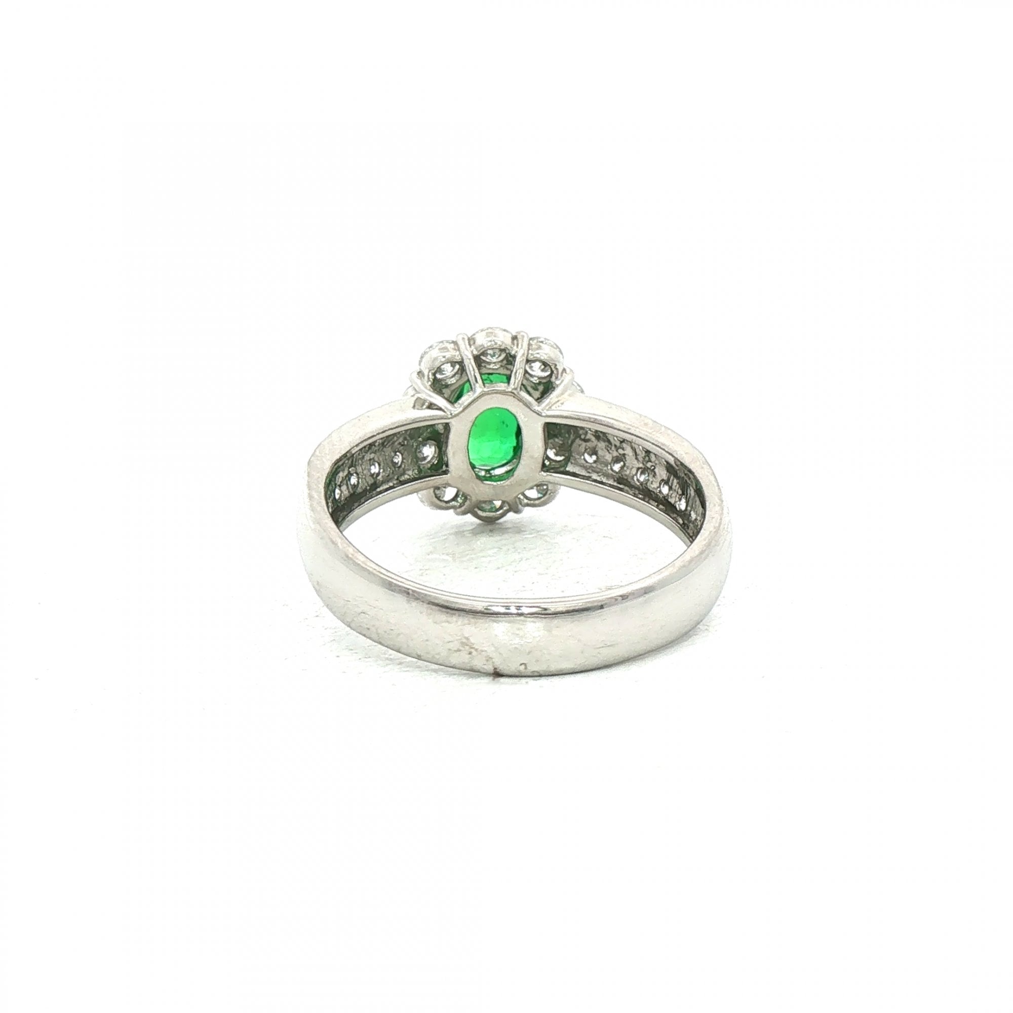 0.52ct Oval Emerald & 0.76ct Natural Diamond Cluster Halo with Double Row Shank in 18ct White Gold