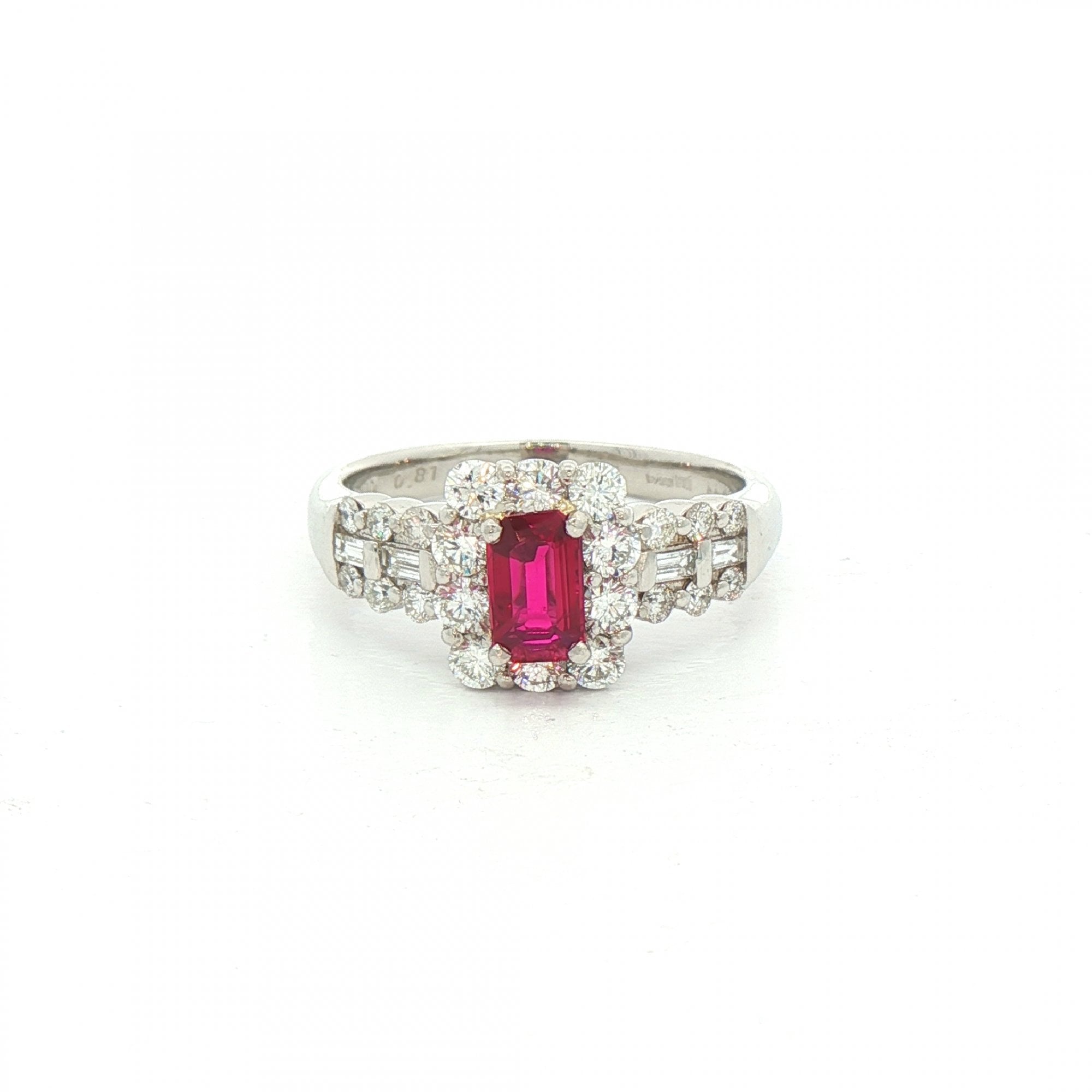 0.54ct Emerald Cut Ruby & 0.81ct Natural Diamond Cluster with Princess Cut Shoulders in Platinum