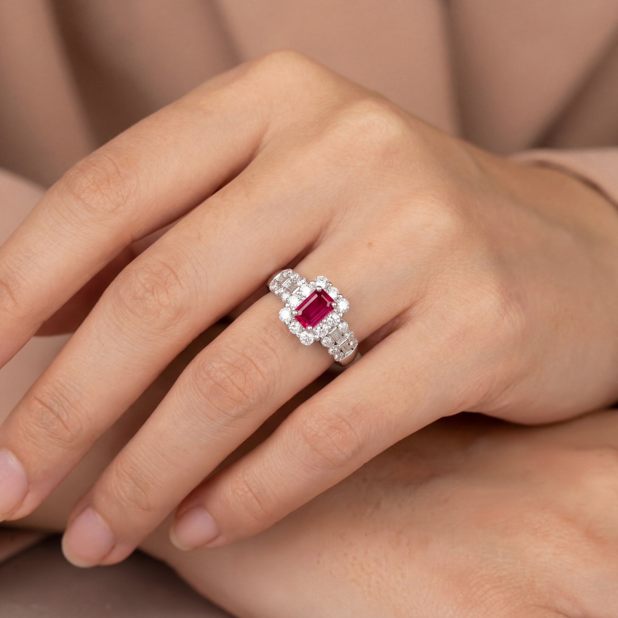 0.54ct Emerald Cut Ruby & 0.81ct Natural Diamond Cluster with Princess Cut Shoulders in Platinum