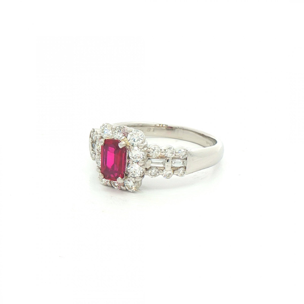 0.54ct Emerald Cut Ruby & 0.81ct Natural Diamond Cluster with Princess Cut Shoulders in Platinum