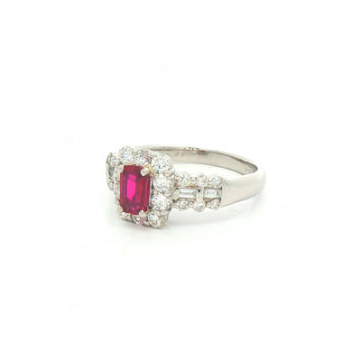 0.54ct Emerald Cut Ruby & 0.81ct Natural Diamond Cluster with Princess Cut Shoulders in Platinum
