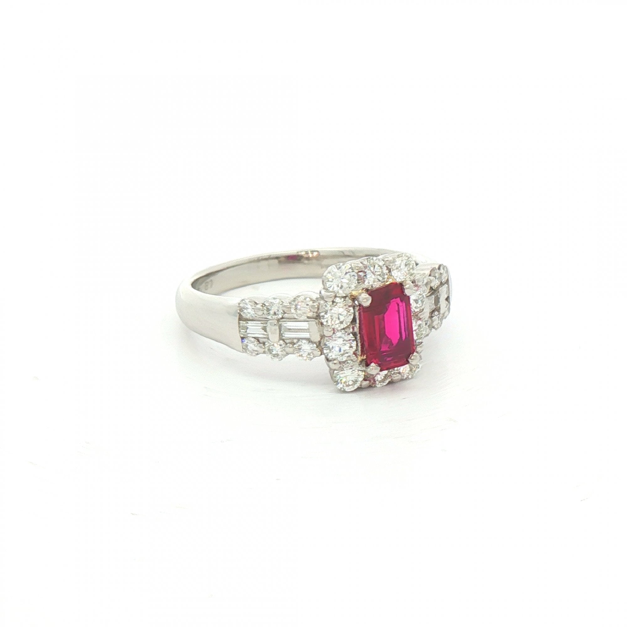0.54ct Emerald Cut Ruby & 0.81ct Natural Diamond Cluster with Princess Cut Shoulders in Platinum