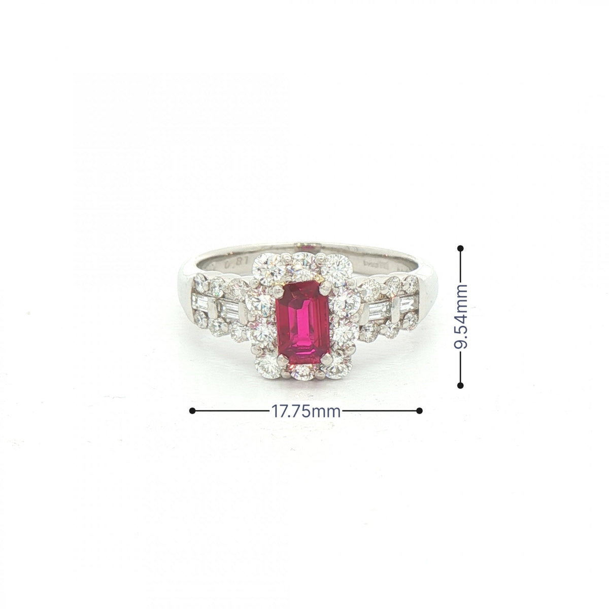 0.54ct Emerald Cut Ruby & 0.81ct Natural Diamond Cluster with Princess Cut Shoulders in Platinum